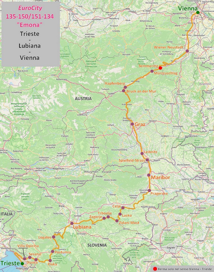 Mappa EuroCity "Emona" Trieste - Lubiana - Vienna