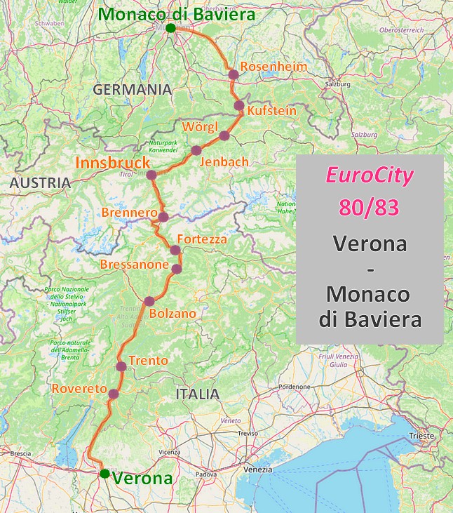 Mappa EuroCity 80/83 Verona - Monaco di Baviera