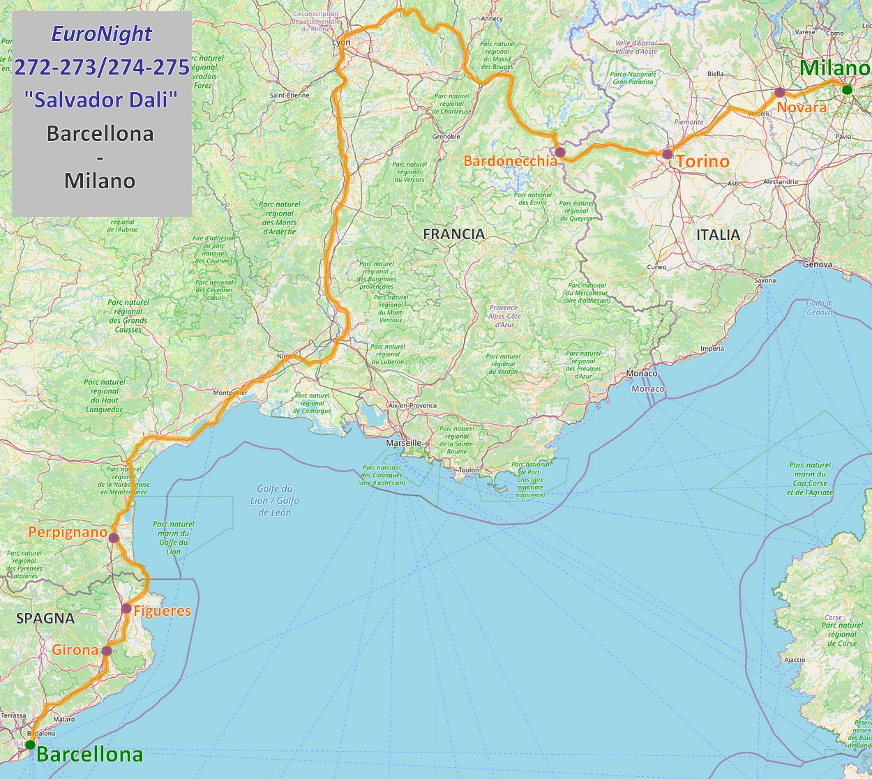 Mappa EuroNight Milano - Barcellona