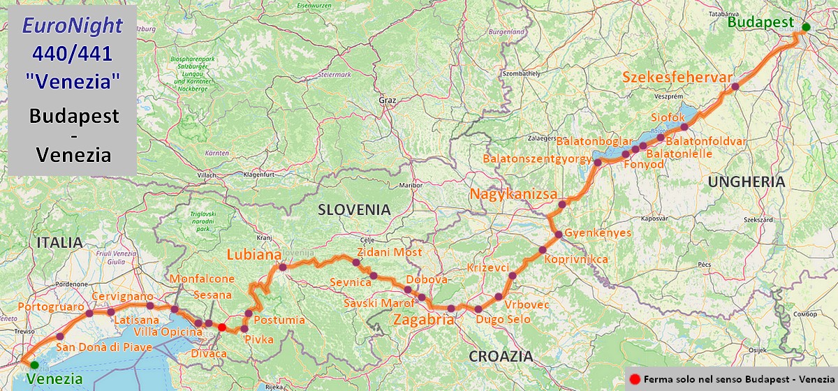 Mappa EuroNight Budapest - Venezia